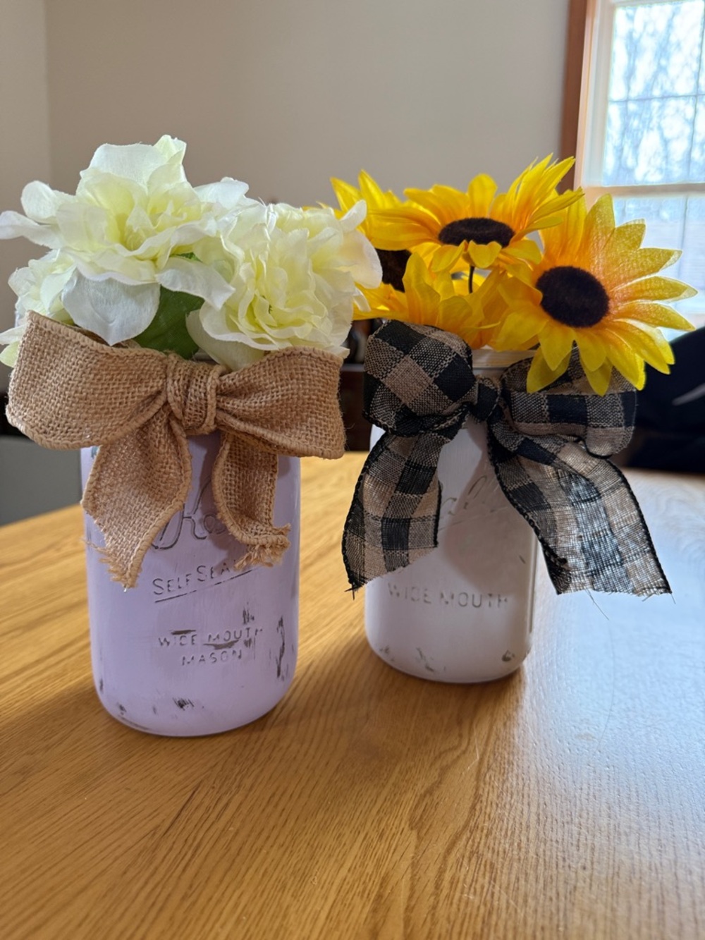 Crafted Decorative Lavender and White Mason Jar Flower Vases with Bows